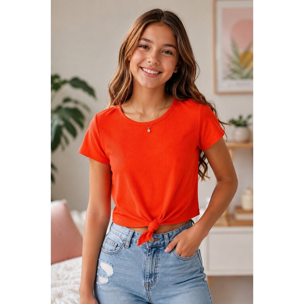 Copper‎ Key Girls Large Orange Ribbed Tie Front Crop Top Short Sleeve Casual